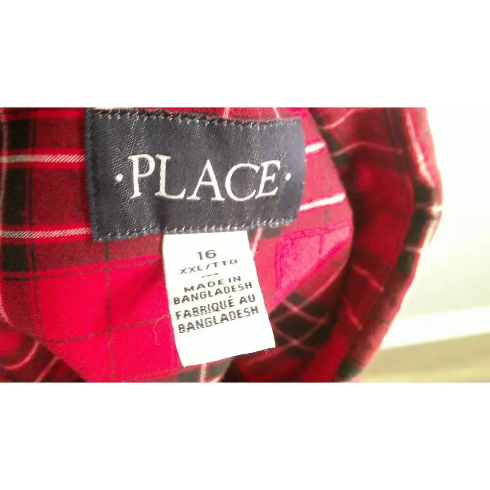 Children's Place Youth XXL 16 Red Black Long Sleeve Button-down Plaid Shirt